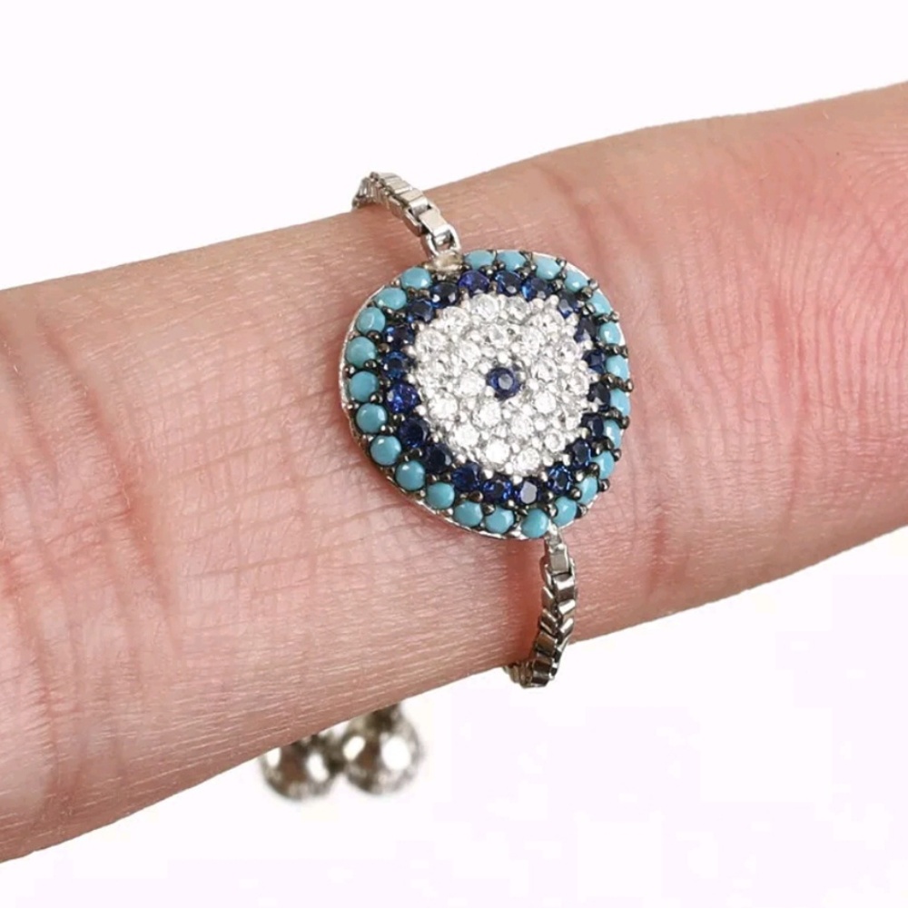 Turquoise, sapphires blue white Evil Eye ring